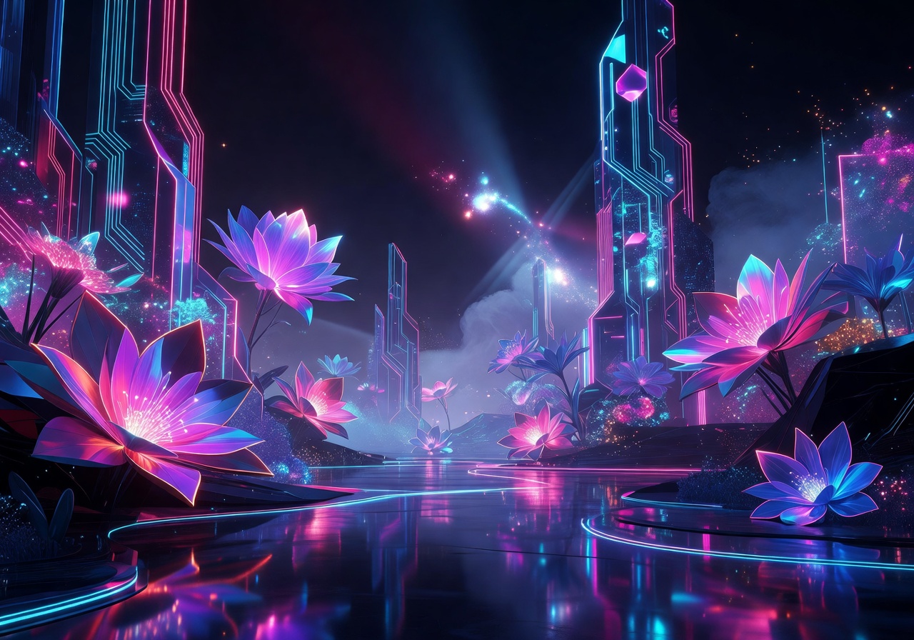 Abstract futuristic neon landscape representing the cyber bloom universe