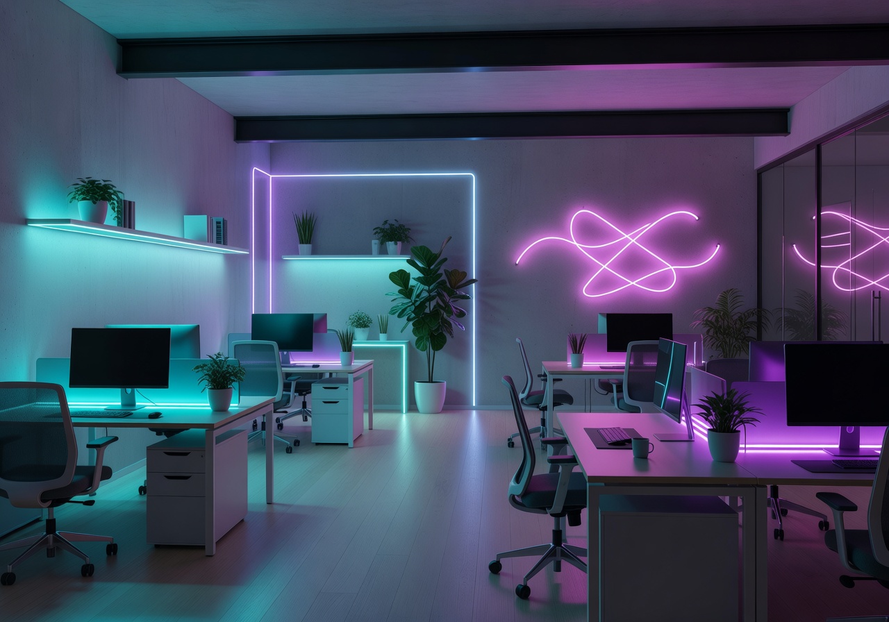 Modern Scandinavian tech office glowing in neon lights